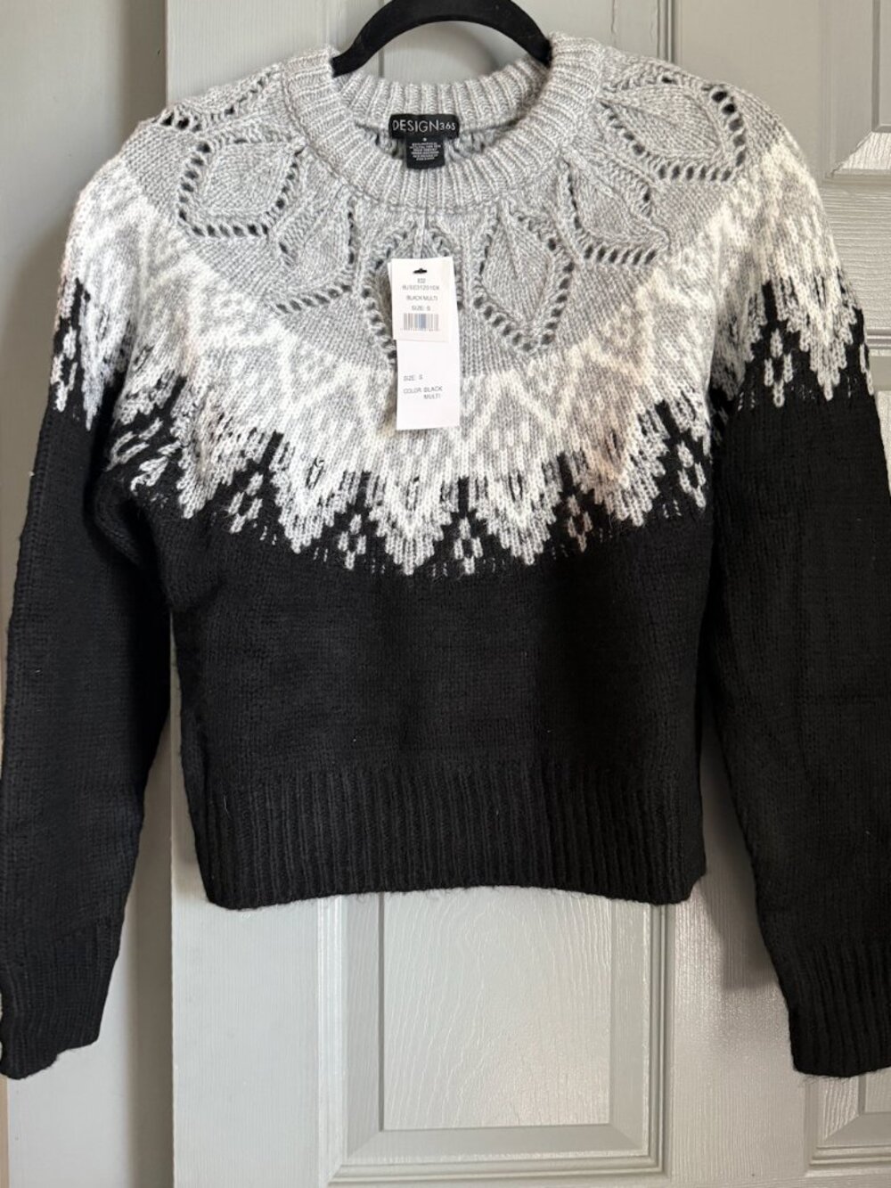 Design365 Fair Isle Nordic Sweater Women's Small Black Gray Winter Knit NWT
